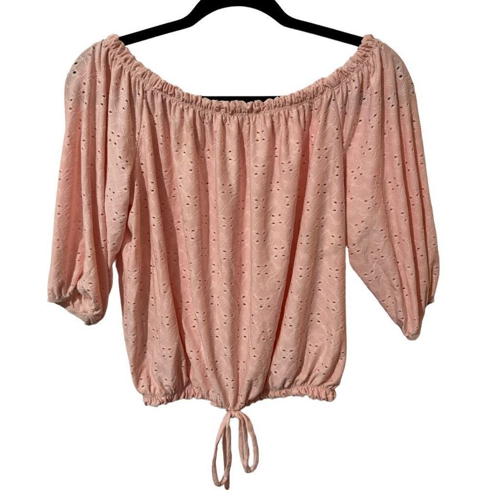 Free Kisses Women’s Pink Cropped Off Shoulder 3/4 Sleeve Large